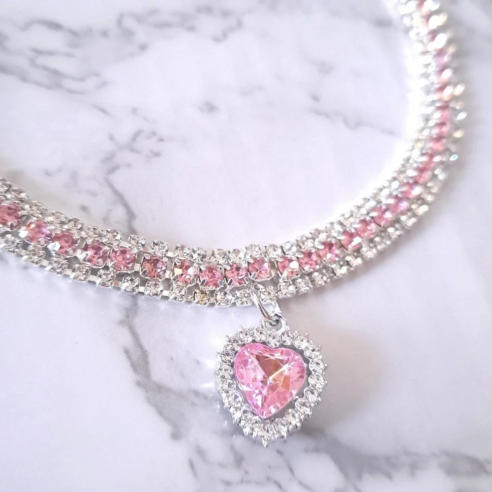 New Quirky Lizard Rhinestone Heart Collar Necklace Dog Cat XL Pink Silver Choker